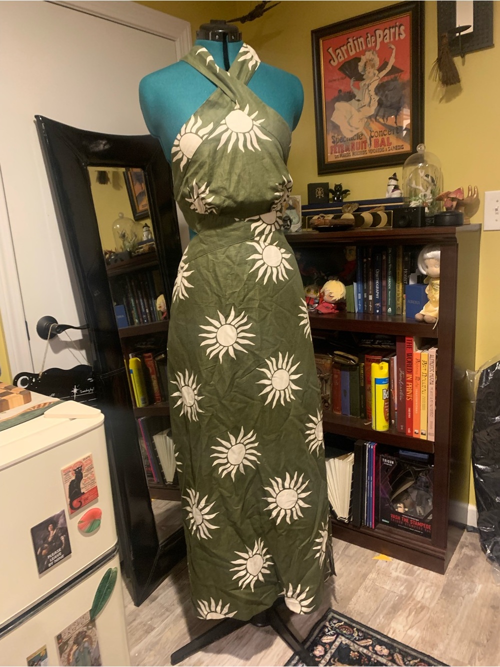 LOFT Olive Green Halter Maxi Dress with White Sunburst Motif